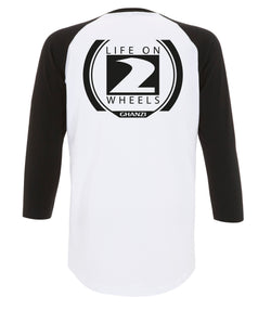 Life on two wheels Ghanzi Brand Ralgan 3/4 t-shirt Baseball White and black blanc et noir back printed impression dans le dos